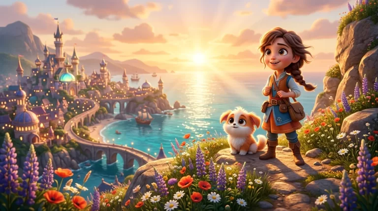 3D animated movie poster scene with an expressive young character and pet companion at golden hour cliff