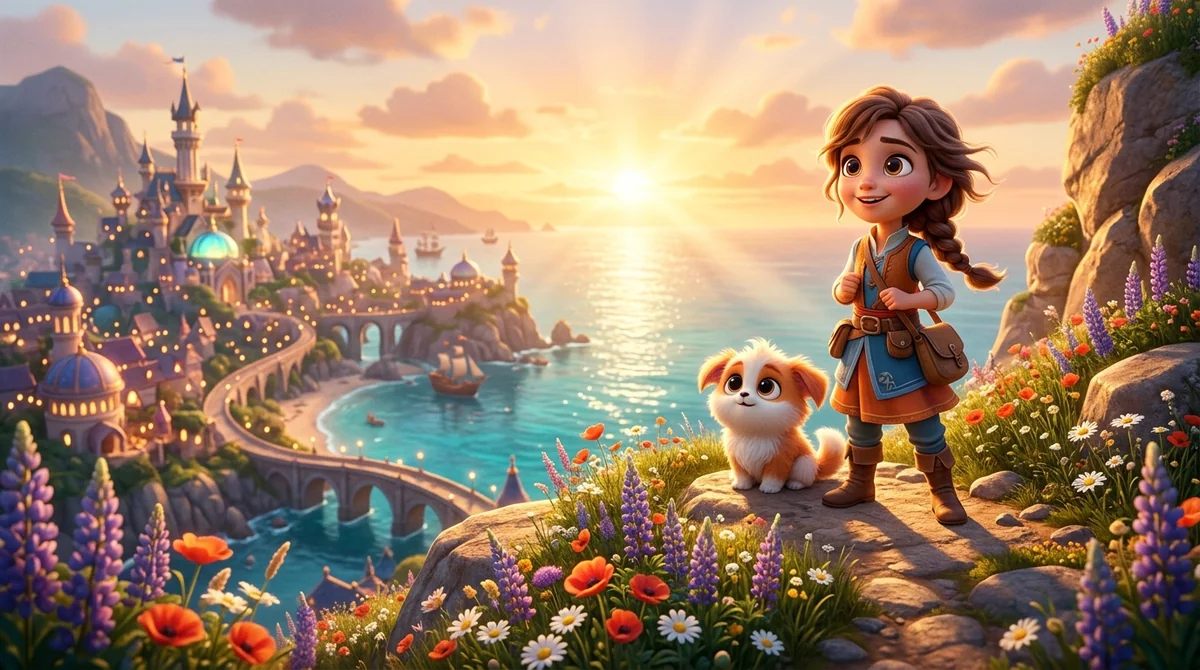 3D animated movie poster scene with an expressive young character and pet companion at golden hour cliff