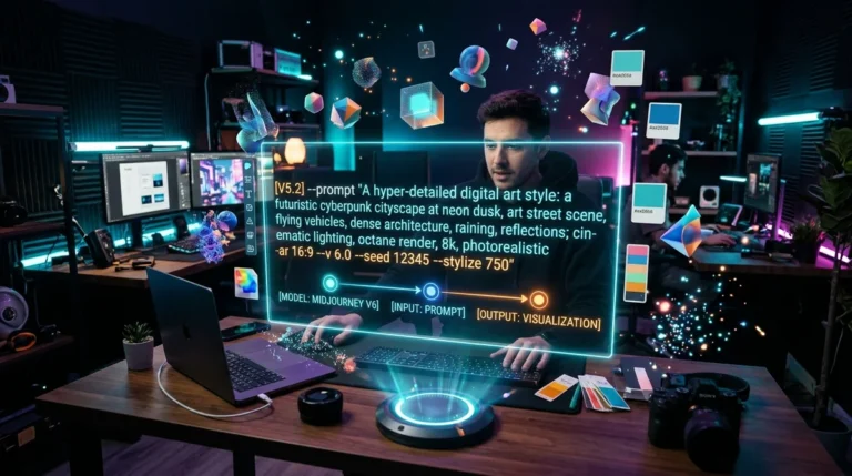 Creative digital workspace with glowing holographic AI prompt formula interface