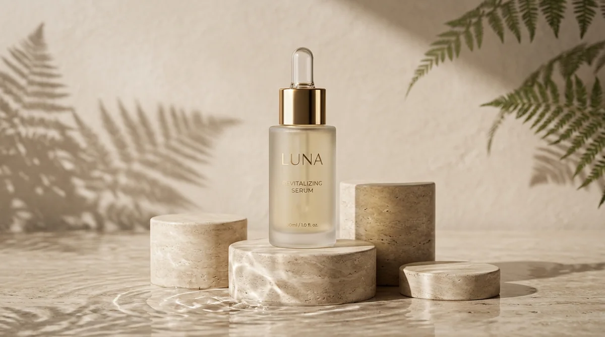 Luxury commercial cosmetic serum bottle resting on geometric stone pedestals with water ripples and studio softbox lighting