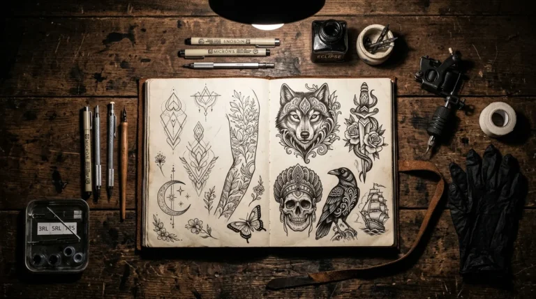 Top-down artist desk with intricate tattoo flash stencils, drafting pens, and tattoo machine