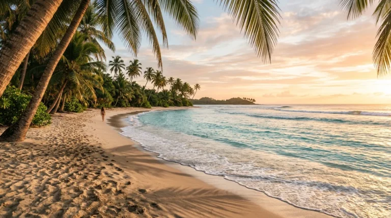 Dreamy tropical beach coastline with turquoise water, palm tree shadows, and warm sunset glow
