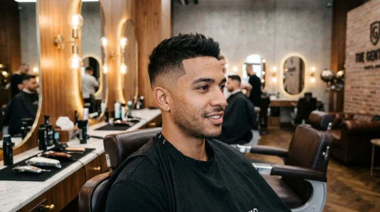 Contemporary salon haircut transformation showing clean textured fade portrait
