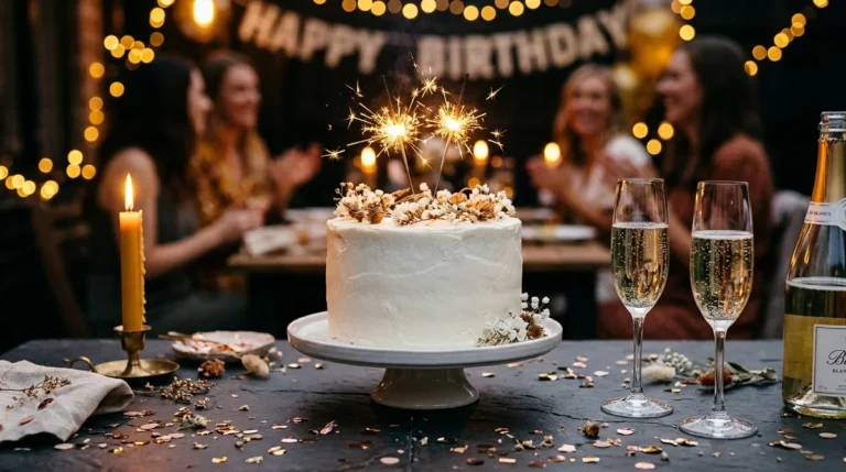 Chic birthday celebration cake with glowing sparklers, champagne glasses, and golden ambient bokeh