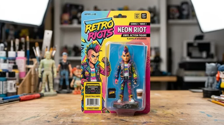 Custom 3D vinyl action figure toy inside retro 1980s cardboard blister pack packaging with miniature accessories