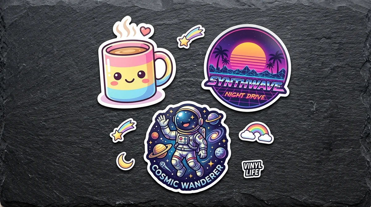 Colorful die-cut vinyl stickers including kawaii coffee cup and astronaut on dark slate desk