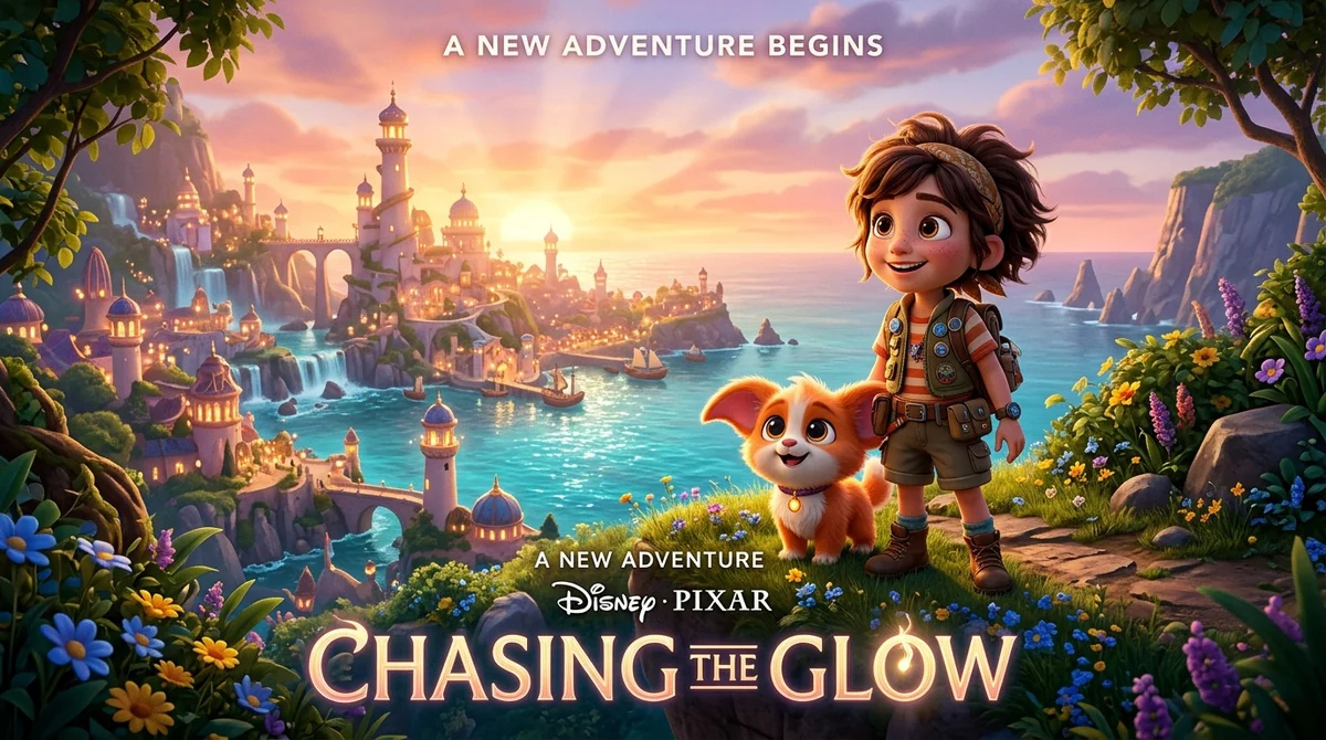 Disney Pixar style 3D animated movie poster featuring an expressive young character and pet companion at golden hour cliff