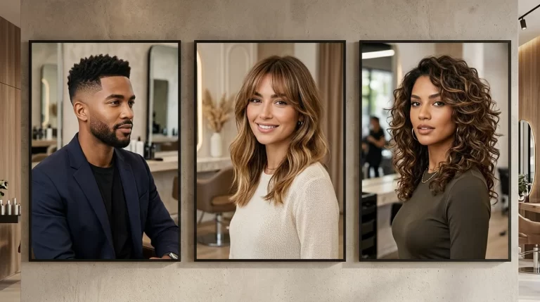 Contemporary salon hair showcase featuring modern textured fade and face framing curtain layers