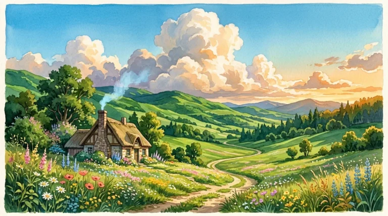 Studio Ghibli inspired anime landscape with lush green hills and cottage in watercolor style