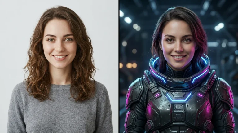AI face swap transformation demonstrating identical facial likeness mapped from a casual studio portrait onto a cyberpunk character body