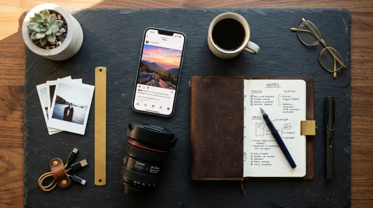 Content creator flat lay with iPhone displaying photo feed, camera lens, and creative workspace tools