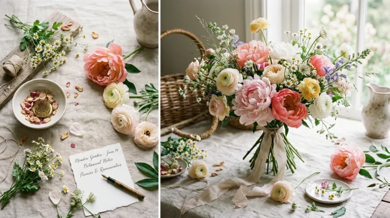 Ethereal botanical flat lay bouquet with blooming peonies and meadow flowers