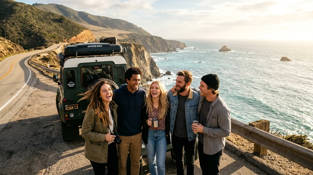 Joyful group of friends laughing together on sunlit road trip coastal overlook