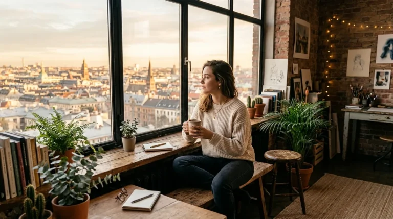 Atmospheric sunlit loft studio scene with warm coffee and panoramic urban window views