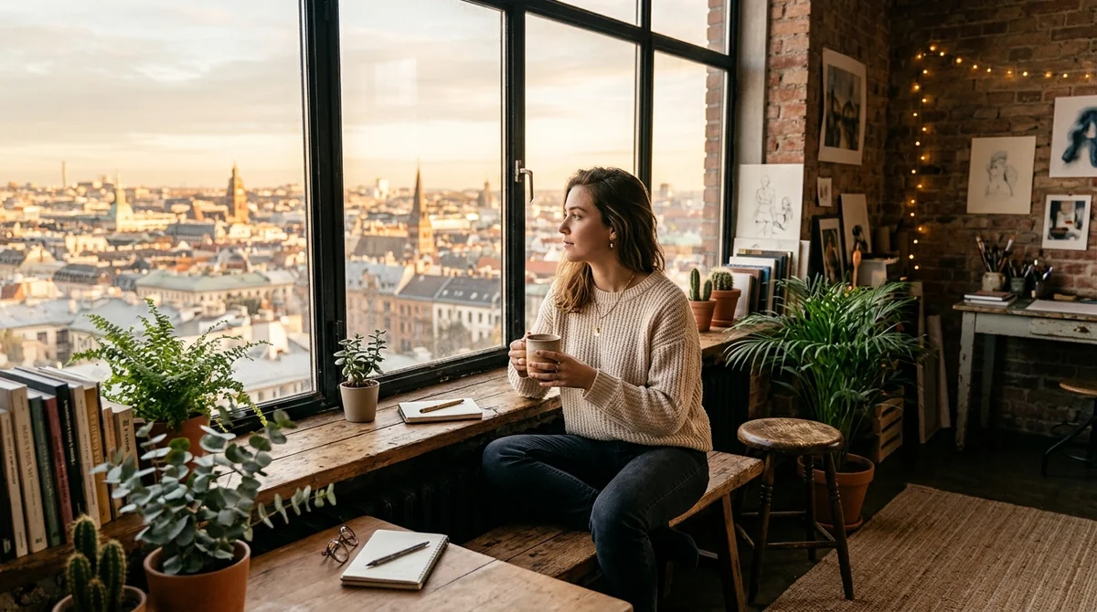 Atmospheric sunlit loft studio scene with warm coffee and panoramic urban window views