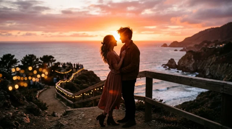 Romantic sunset couple silhouette overlooking coastal viewpoint with soft bokeh
