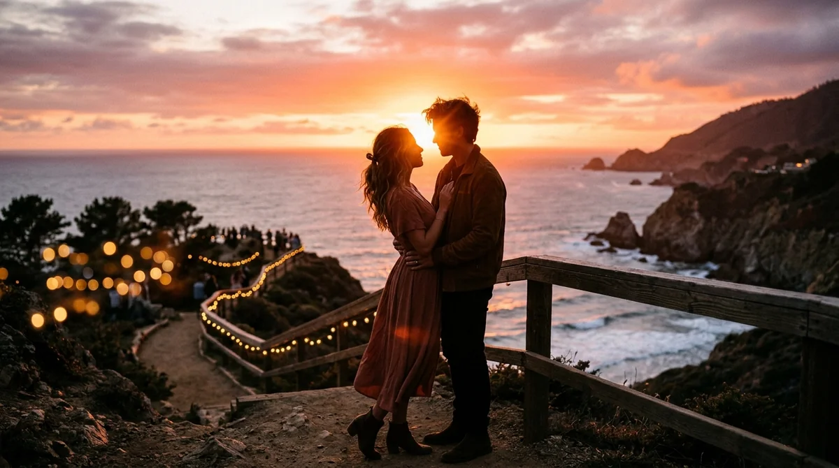 Romantic sunset couple silhouette overlooking coastal viewpoint with soft bokeh