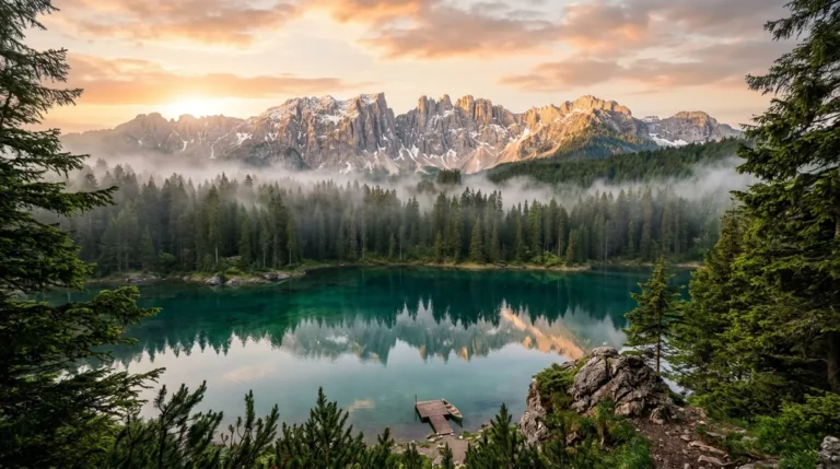 Cinematic nature landscape with mist over mountain pines and alpine lake reflection
