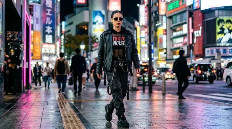 High fashion streetwear portrait with sleek sunglasses under cinematic neon city glow